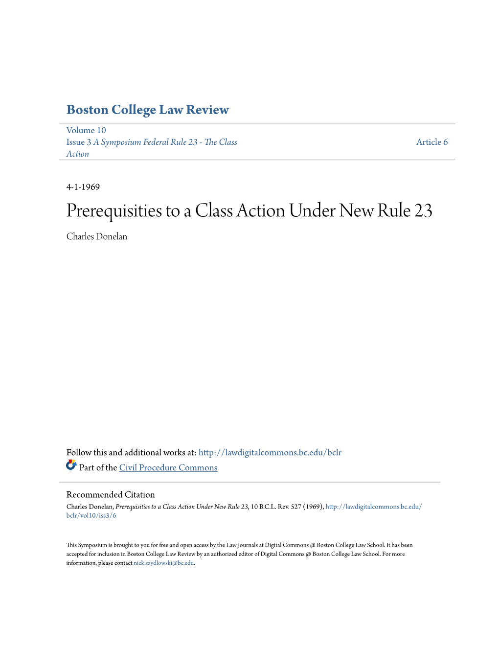 Prerequisities to a Class Action Under New Rule 23 Charles Donelan