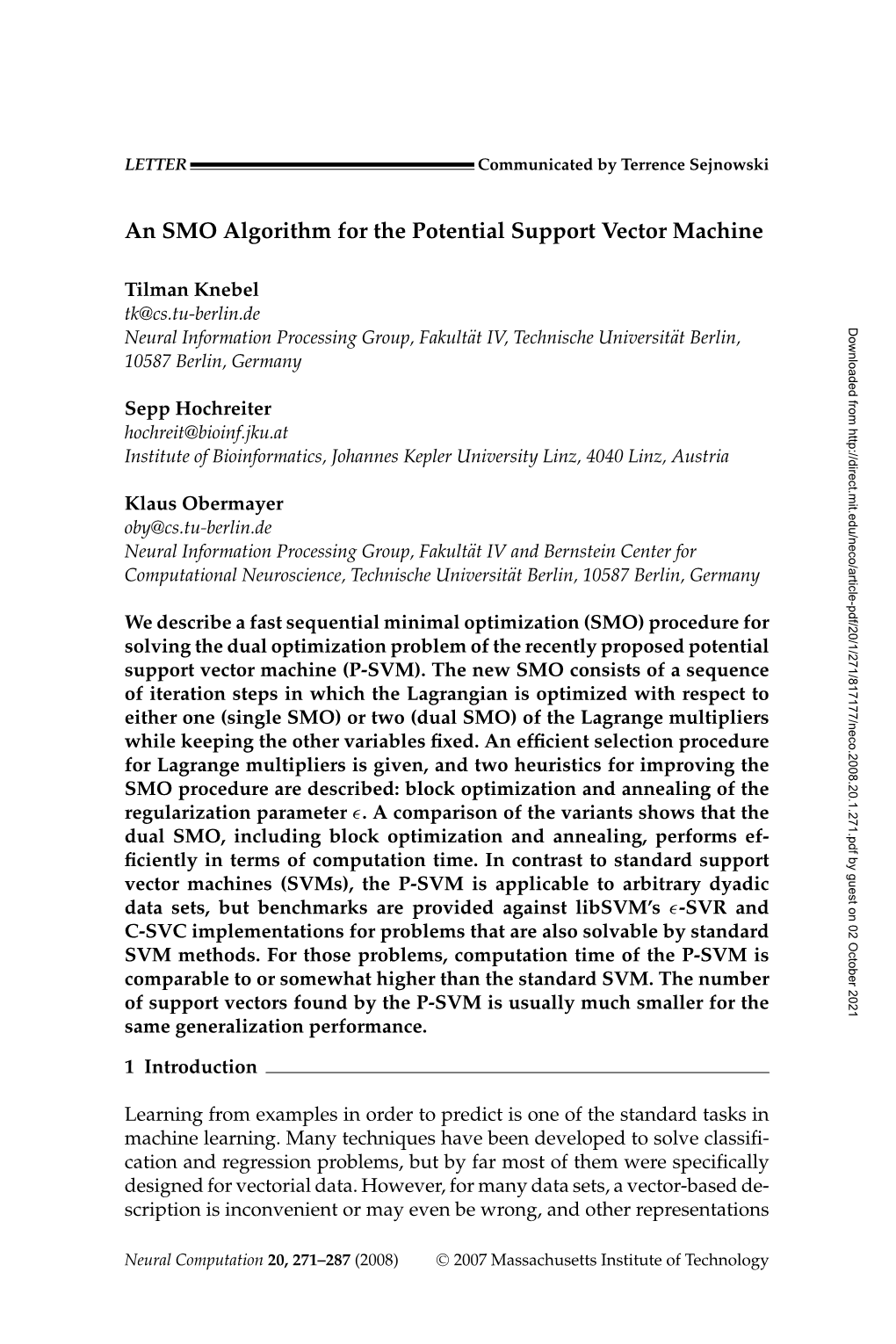 An SMO Algorithm for the Potential Support Vector Machine