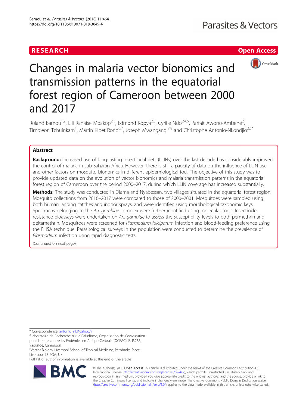 Changes in Malaria Vector Bionomics and Transmission Patterns in The