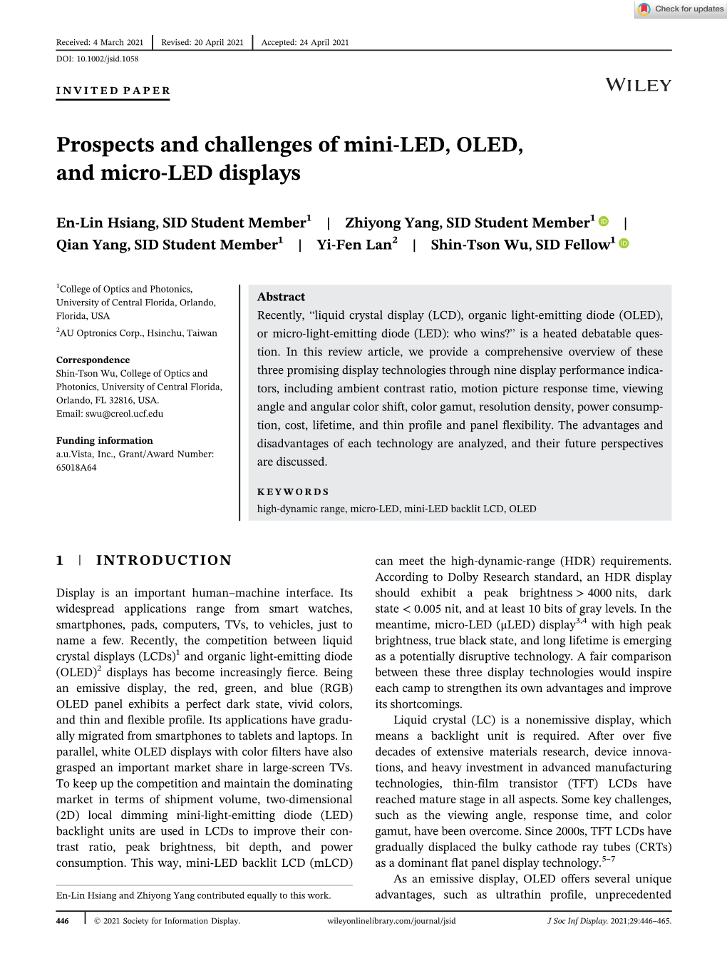 Prospects and Challenges of Mini‐LED, OLED, and Micro‐LED Displays