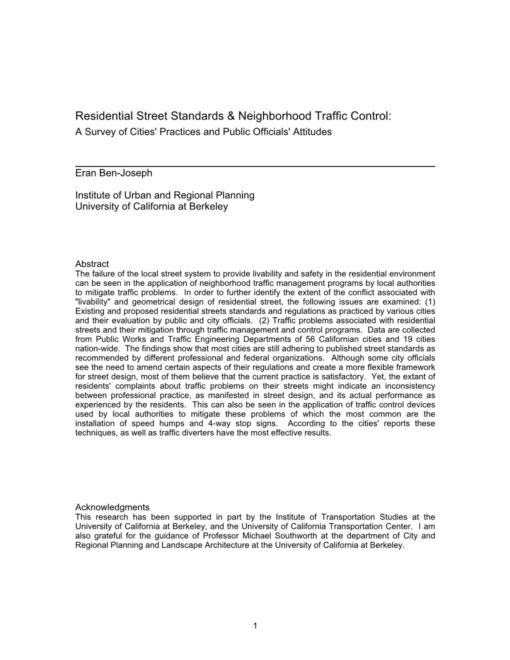 Residential Street Standards & Neighborhood Traffic Control