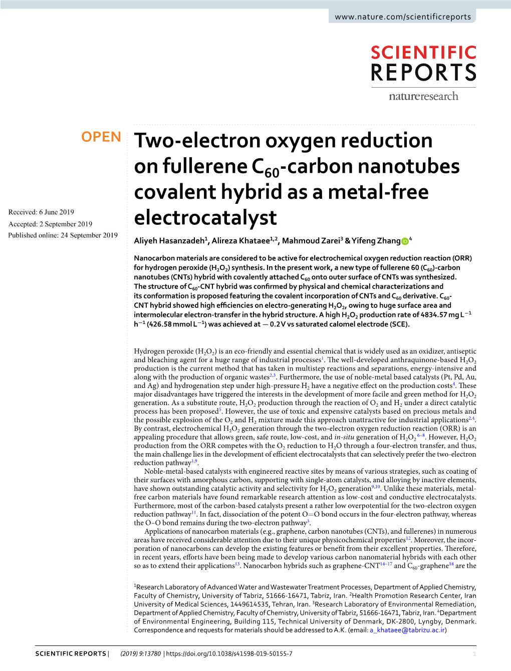 Carbon Nanotubes Covalent Hybrid As a Metal-Free Electrocatalyst