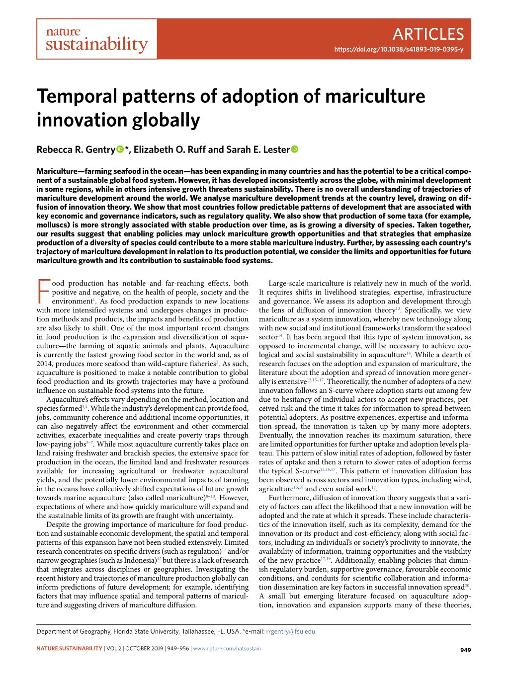 Temporal Patterns of Adoption of Mariculture Innovation Globally