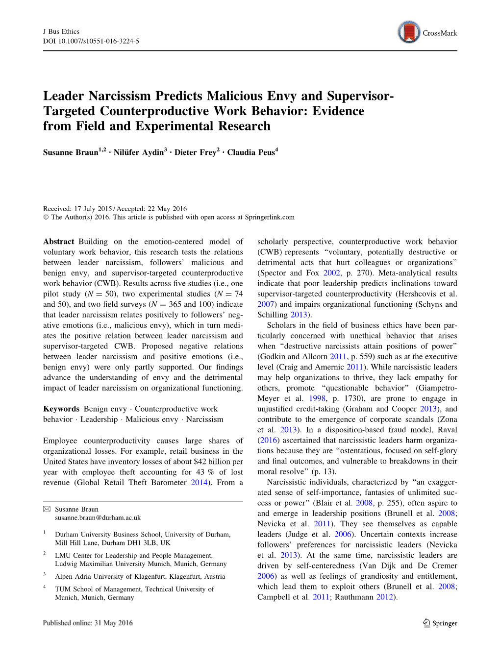 Leader Narcissism Predicts Malicious Envy and Supervisor-Targeted Counterproductive Work… Follower Relationships