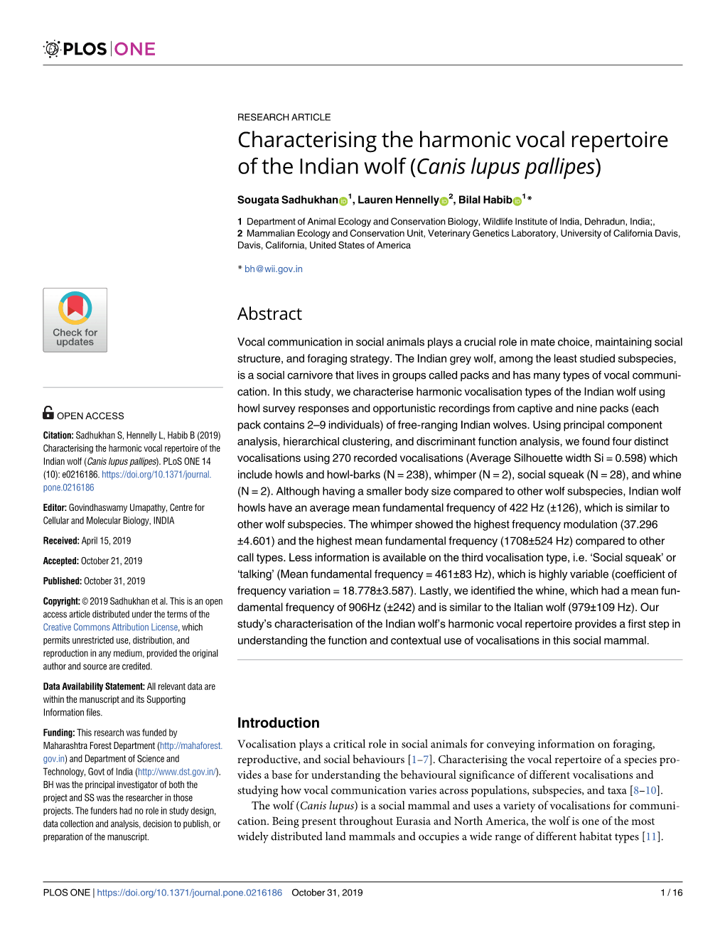 Characterising the Harmonic Vocal Repertoire of the Indian Wolf (Canis Lupus Pallipes)