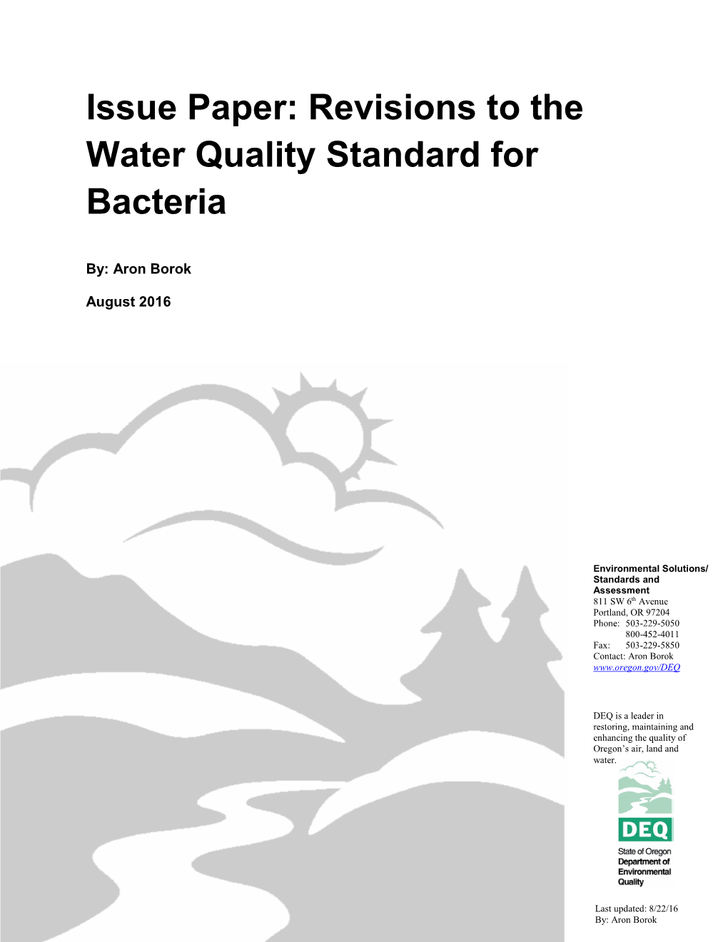 Issue Paper: Revisions to the Water Quality Standard for Bacteria