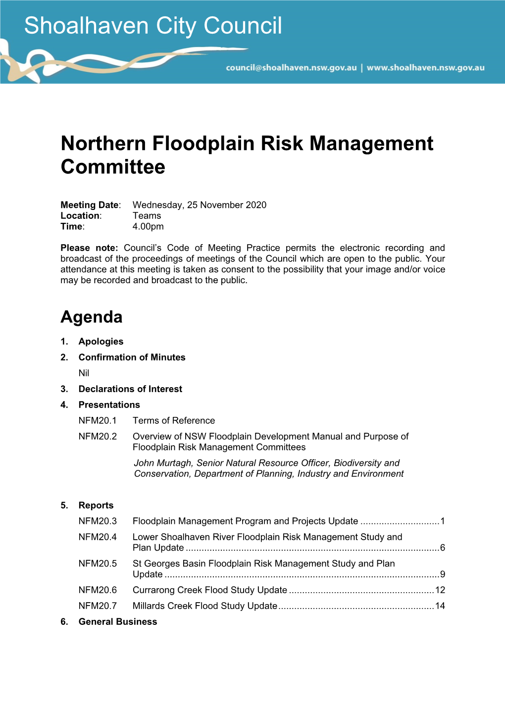 Agenda of Northern Floodplain Risk Management Committee