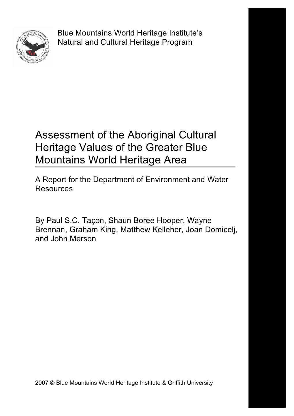 2007. Assessment of the Aboriginal Cultural Heritage Values of the Greater Blue Mountains World Heritage Area