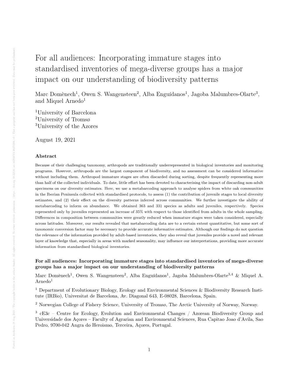 Incorporating Immature Stages Into Standardised Inventories