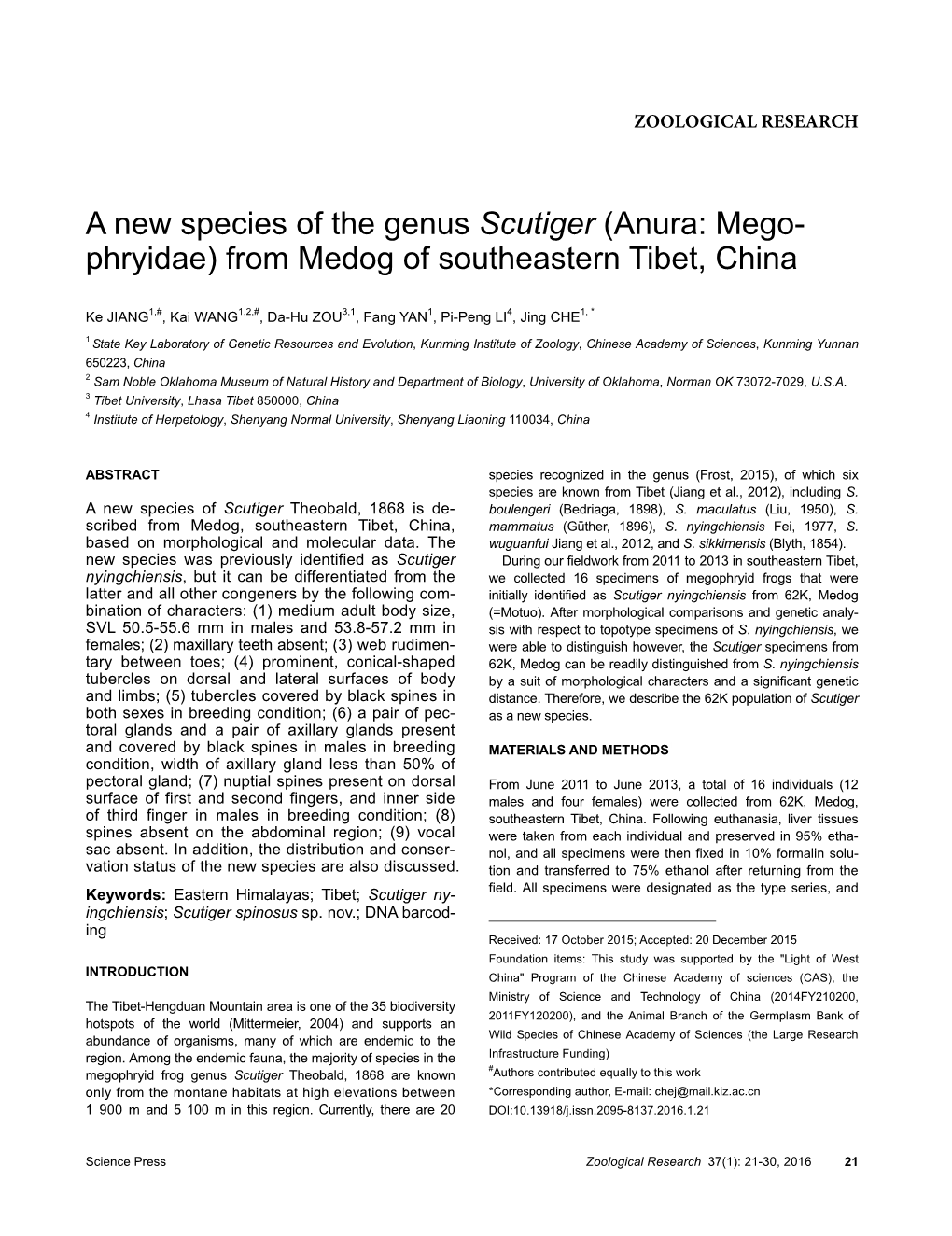 A New Species of the Genus Scutiger (Anura: Mego- Phryidae) from Medog of Southeastern Tibet, China