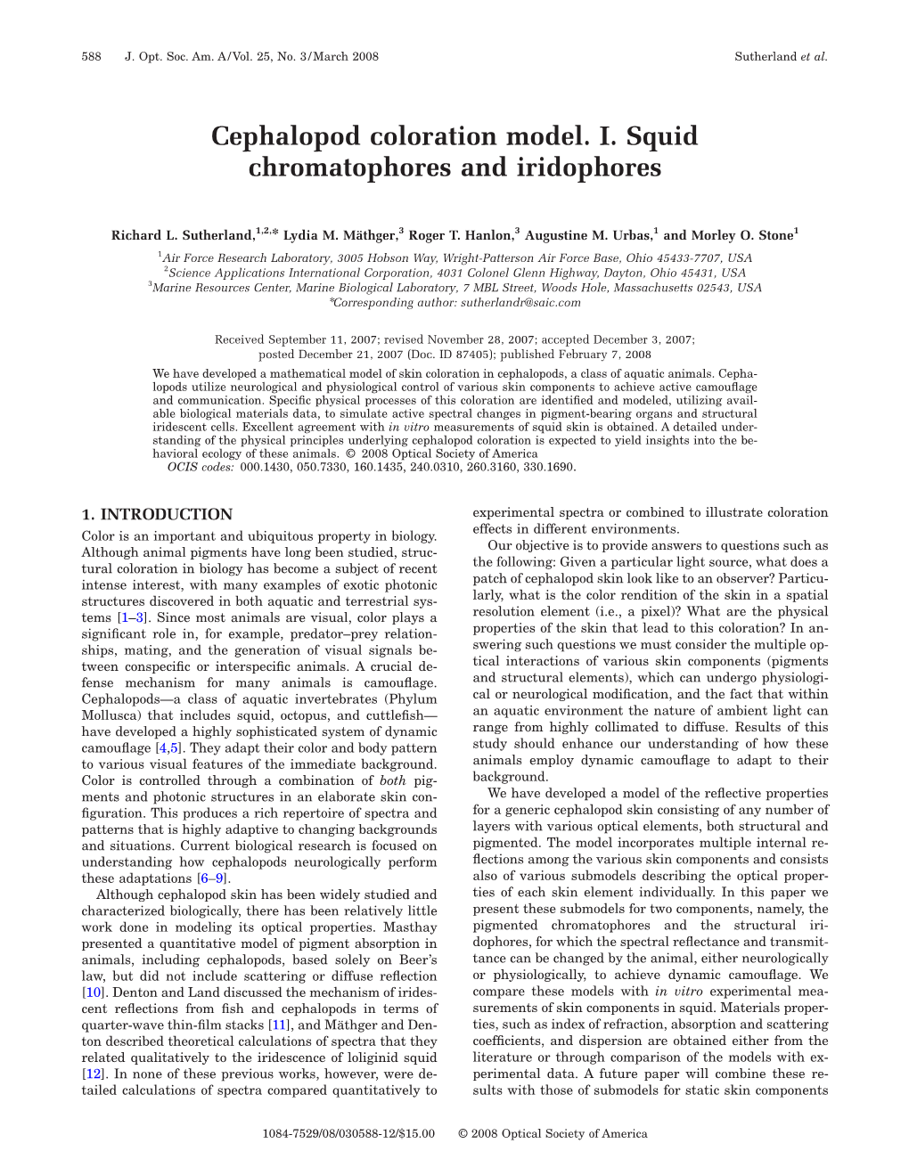 Cephalopod Coloration Model. I. Squid Chromatophores and Iridophores