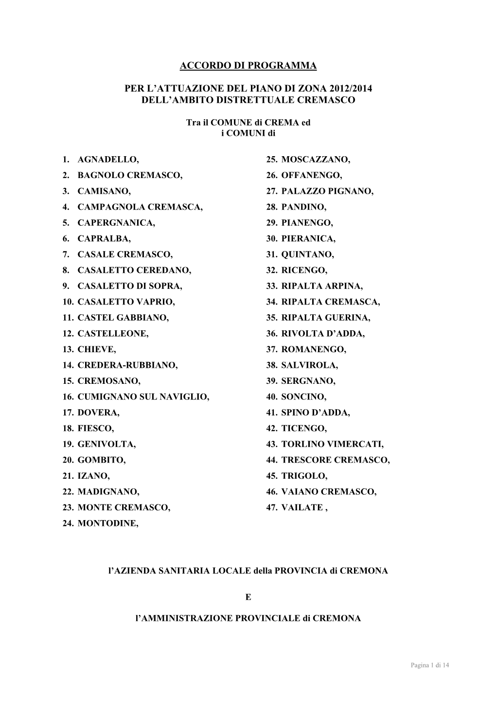 Accordo Di Programma 2012-2014