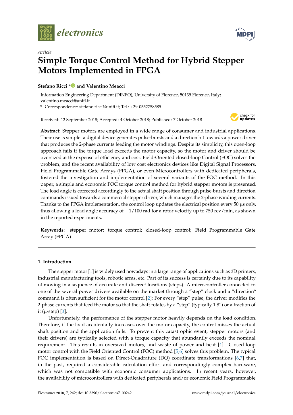 Simple Torque Control Method for Hybrid Stepper Motors Implemented in FPGA