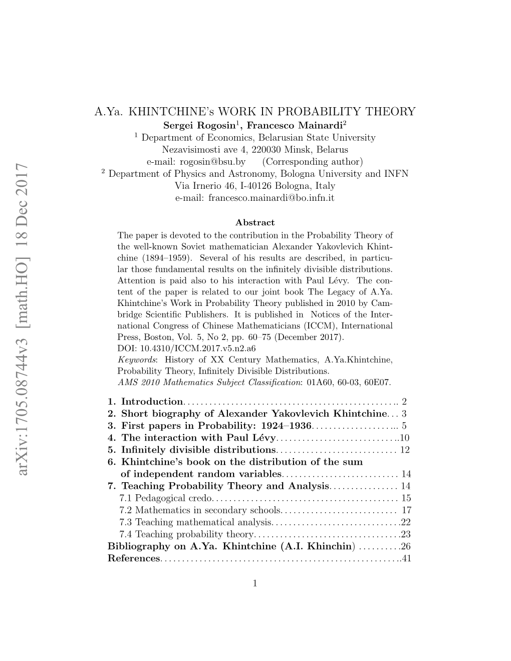 A. Ya. Khintchine's Work in Probability Theory