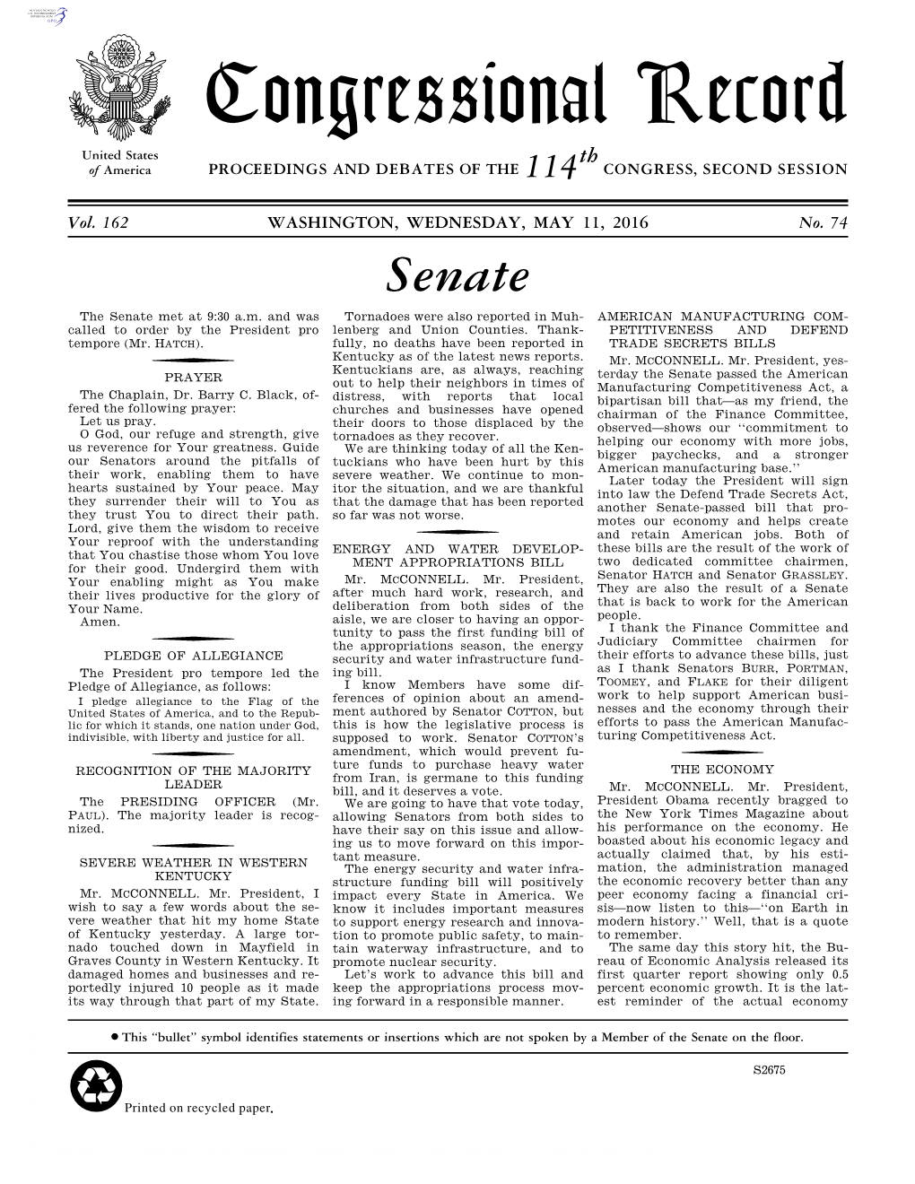 Congressional Record United States Th of America PROCEEDINGS and DEBATES of the 114 CONGRESS, SECOND SESSION