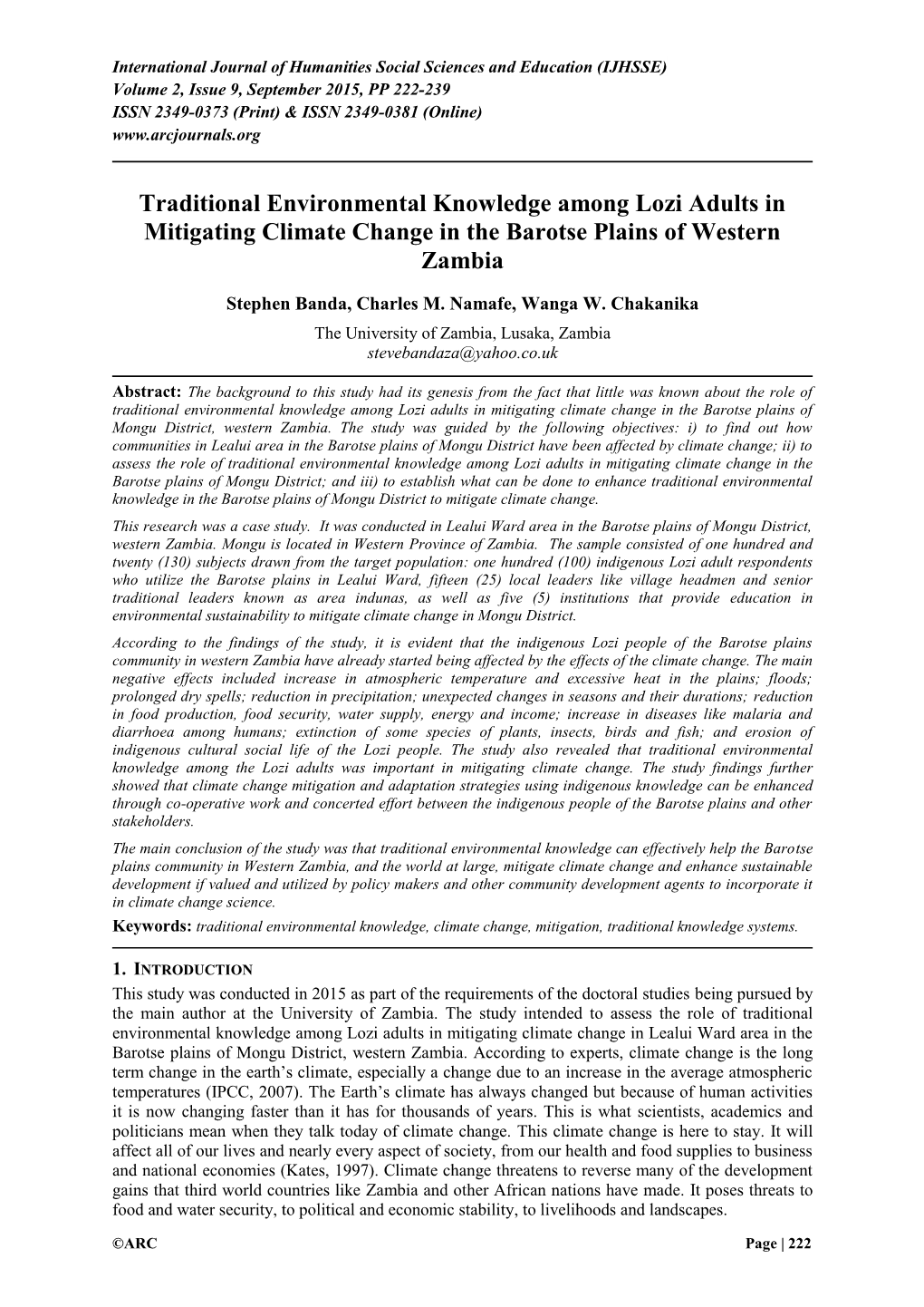 Traditional Environmental Knowledge Among Lozi Adults in Mitigating Climate Change in the Barotse Plains of Western Zambia