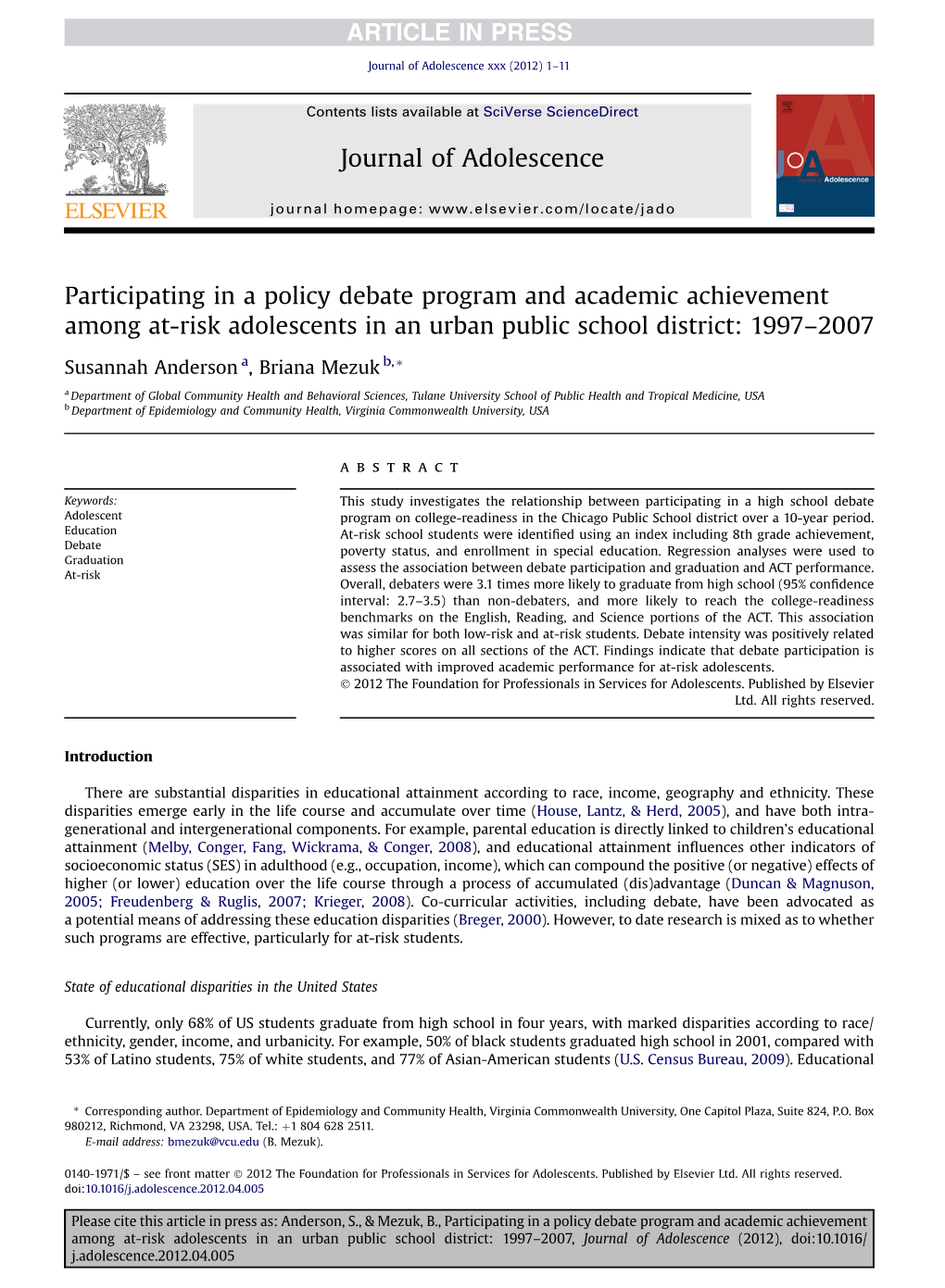 Participating in a Policy Debate Program and Academic Achievement Among At-Risk Adolescents in an Urban Public School District: 1997–2007