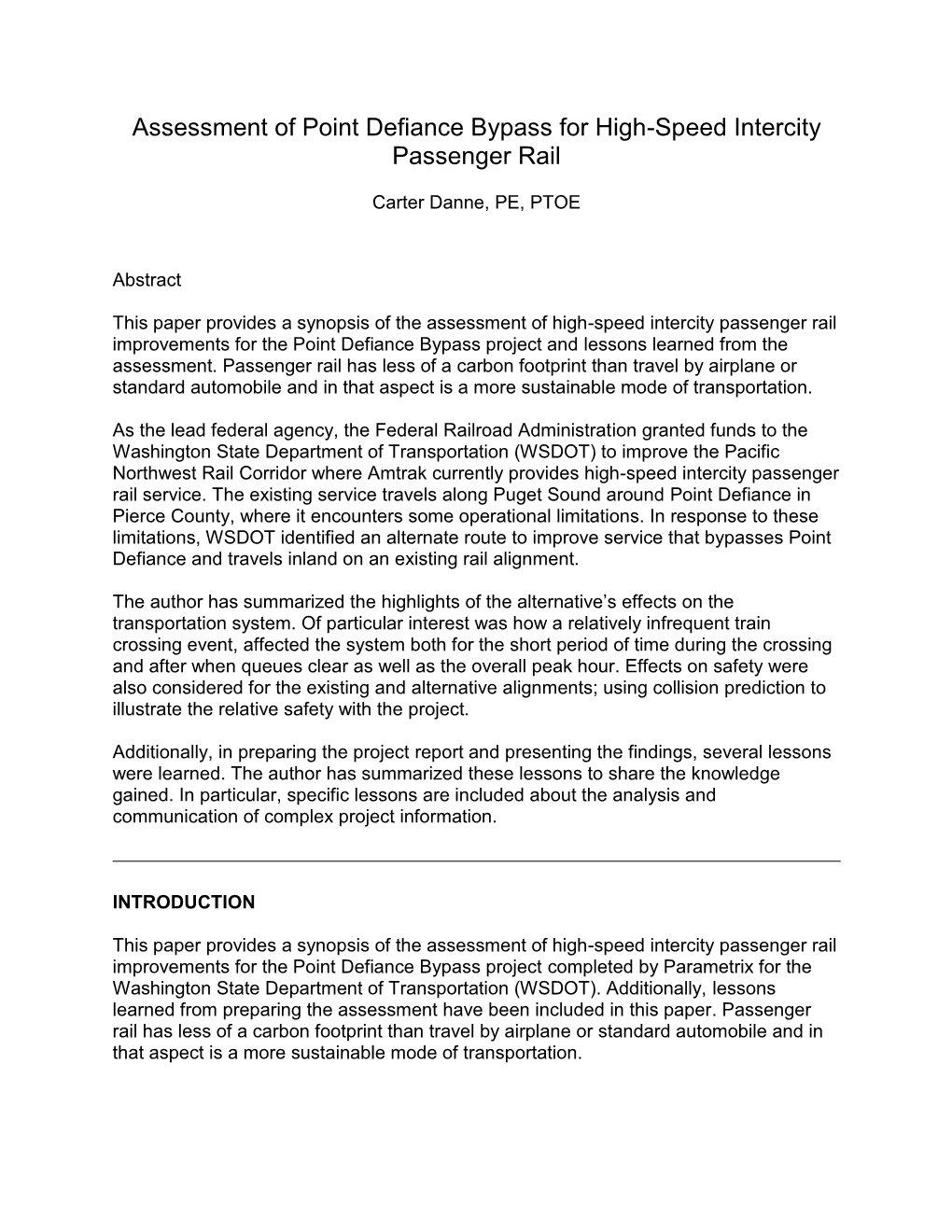 Assessment of Point Defiance Bypass for High-Speed Intercity Passenger Rail