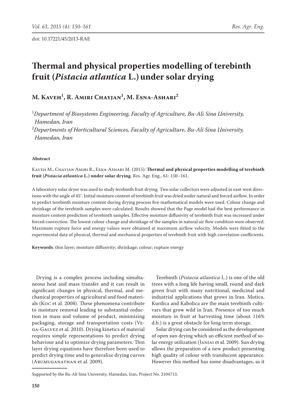 Thermal and Physical Properties Modelling of Terebinth Fruit (Pistacia Atlantica L.) Under Solar Drying