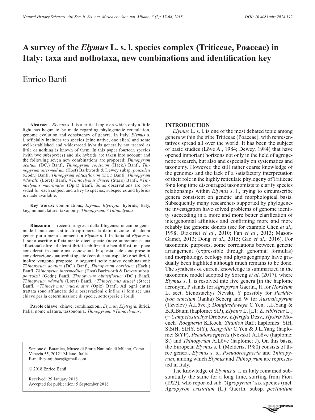 A Survey of the Elymus L. S. L. Species Complex (Triticeae, Poaceae) in Italy: Taxa and Nothotaxa, New Combinations and Identification Key