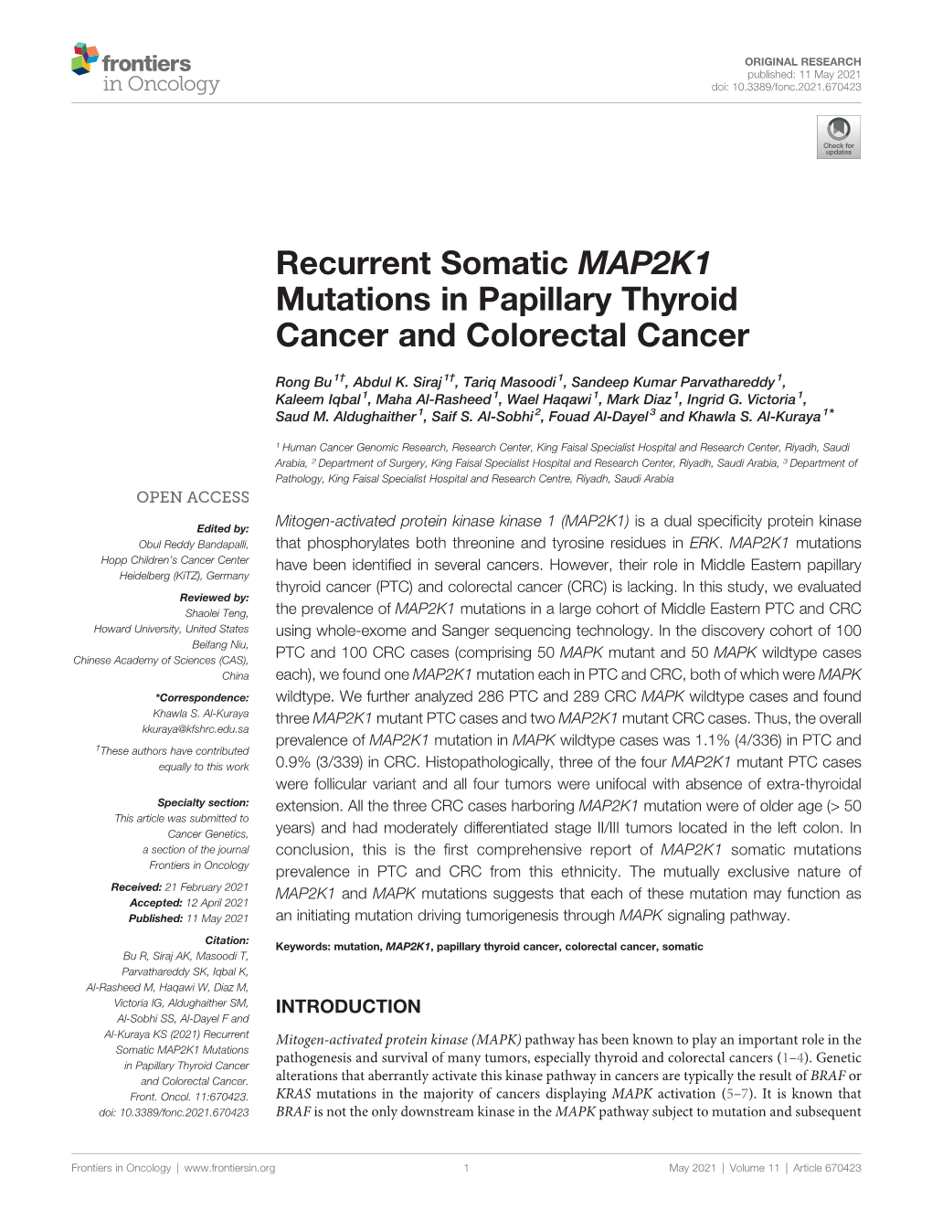 Recurrent Somatic MAP2K1 Mutations in Papillary Thyroid Cancer and Colorectal Cancer
