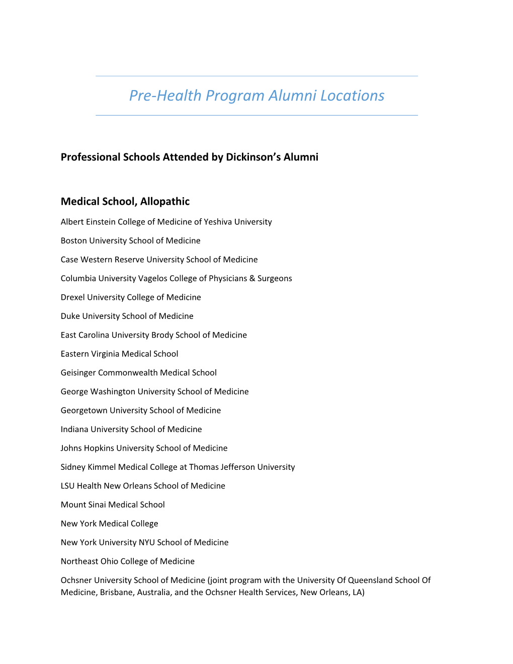 Pre-Health Program Alumni Locations