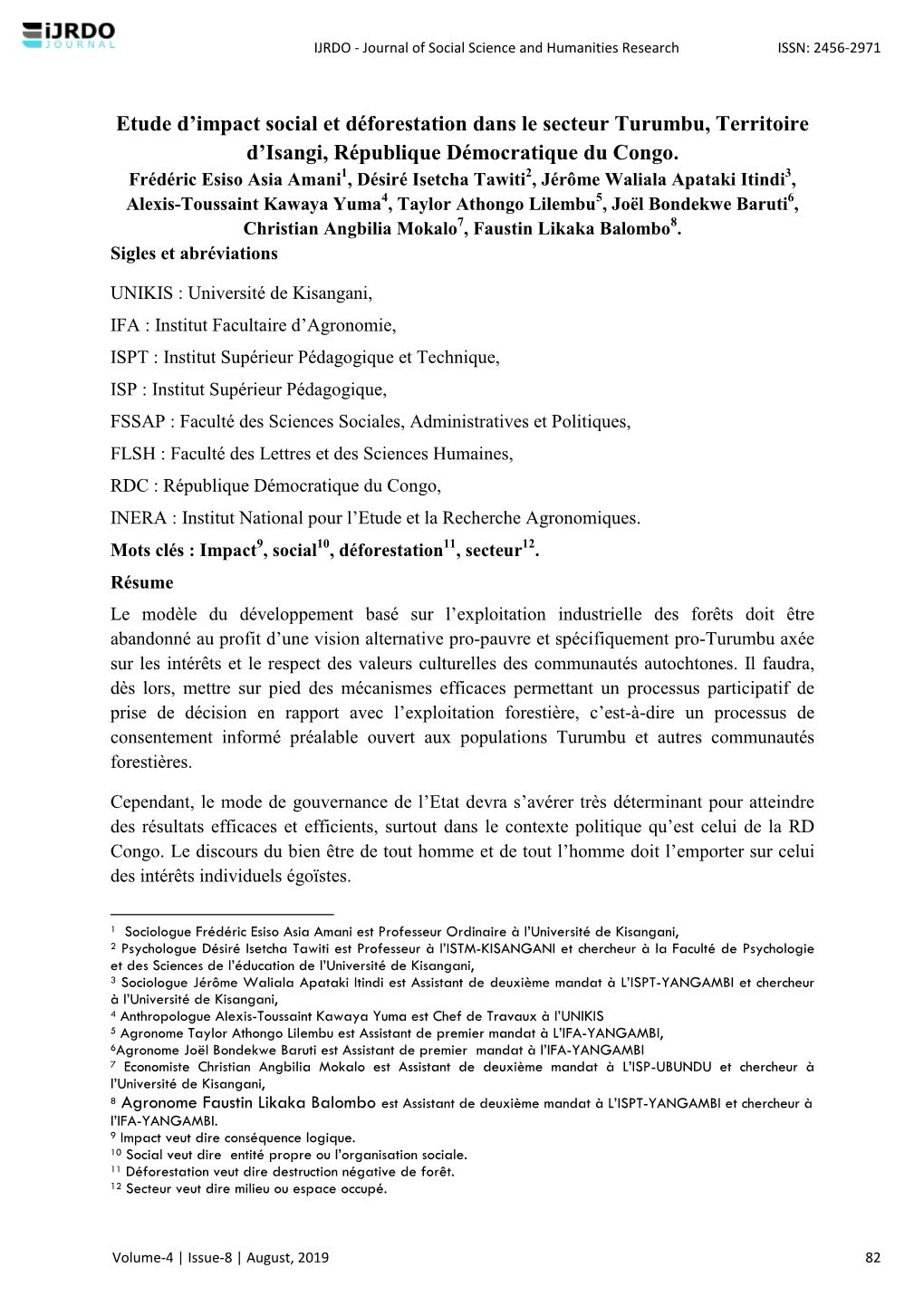 Etude D'impact Social Et Déforestation Dans Le Secteur Turumbu, Territoire D'isangi, République Démocratique Du Congo