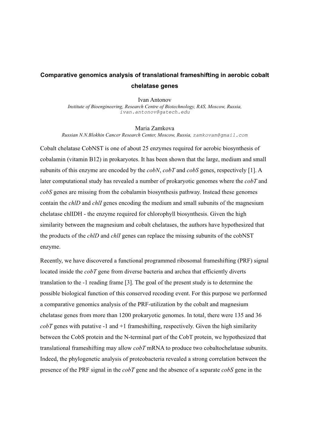 Comparative Genomics Analysis of Translational Frameshifting in Aerobic Cobalt Chelatase Genes