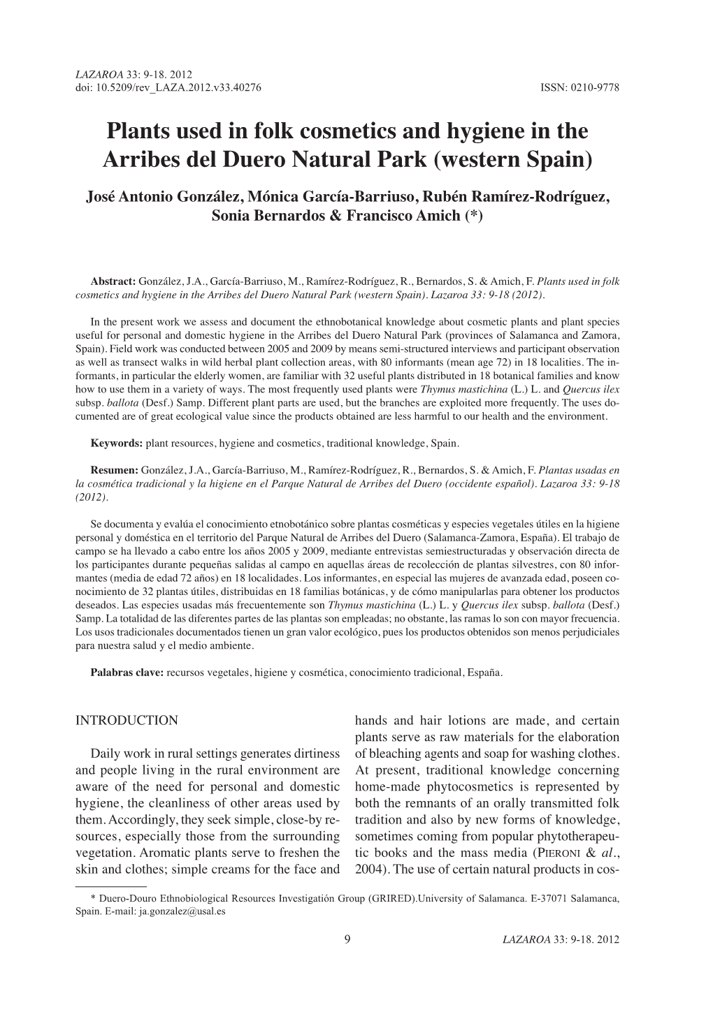 Plants Used in Folk Cosmetics and Hygiene in the Arribes Del Duero Natural Park (Western Spain)