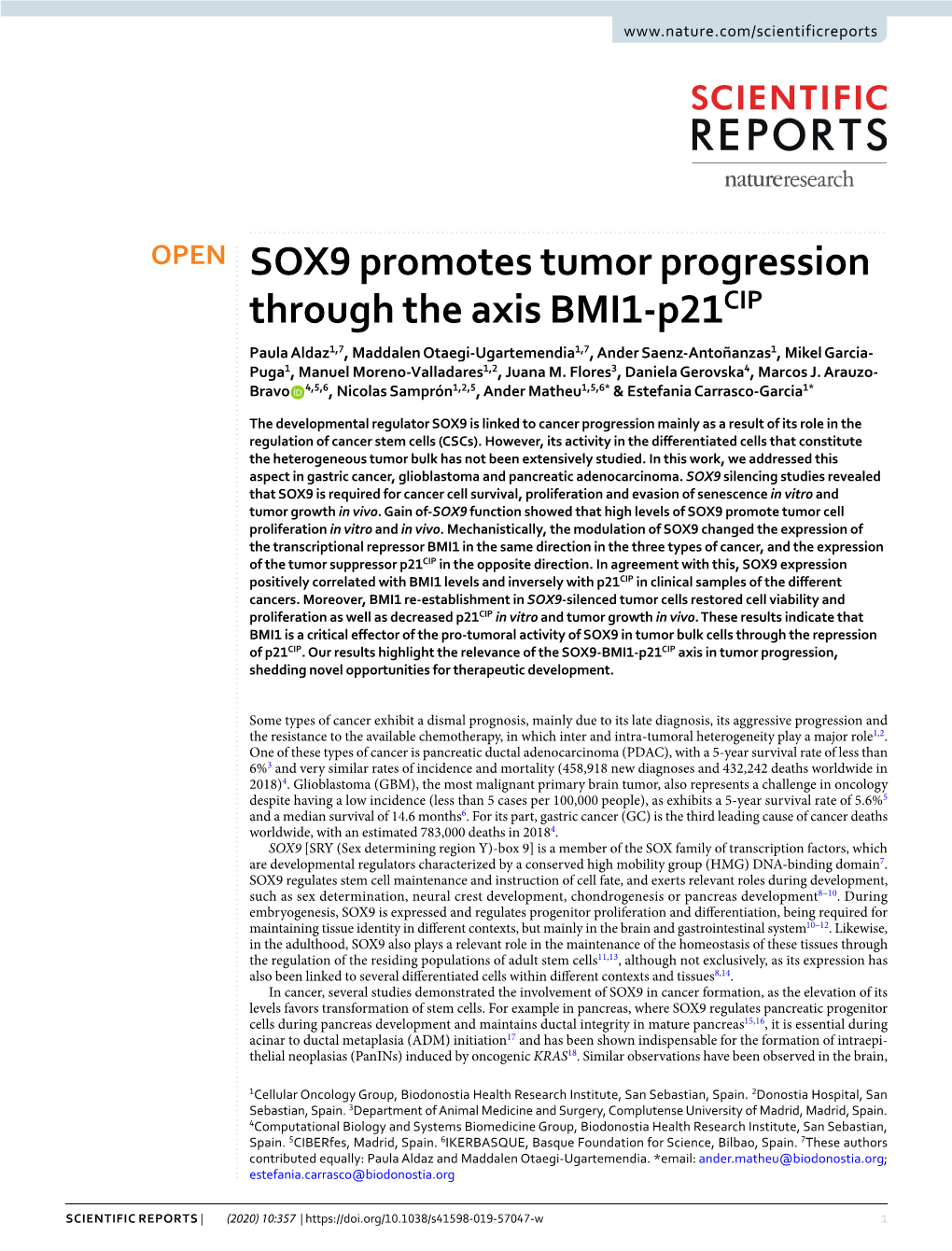 SOX9 Promotes Tumor Progression Through the Axis BMI1-P21cip