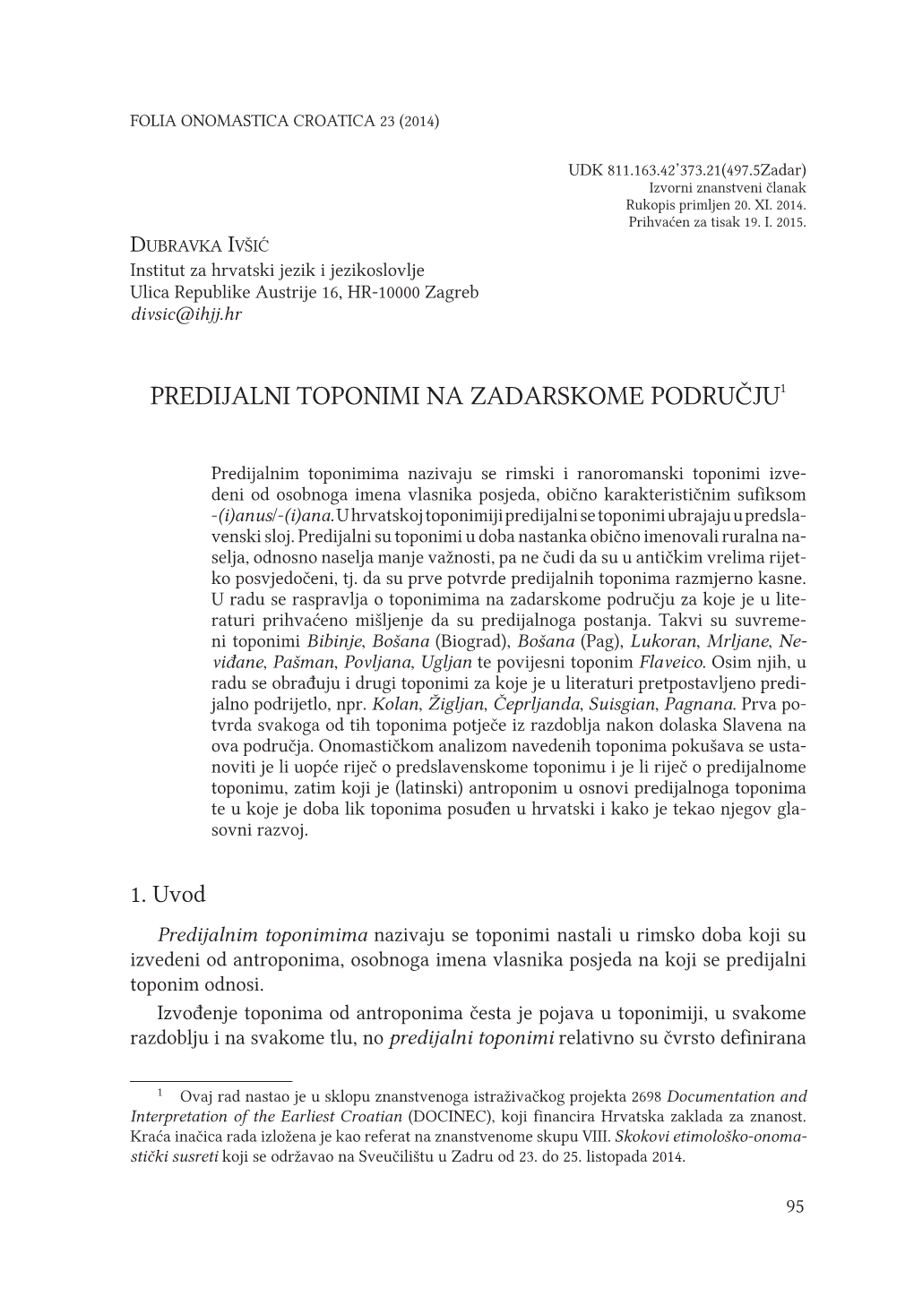 Predijalni Toponimi Na Zadarskome Području1