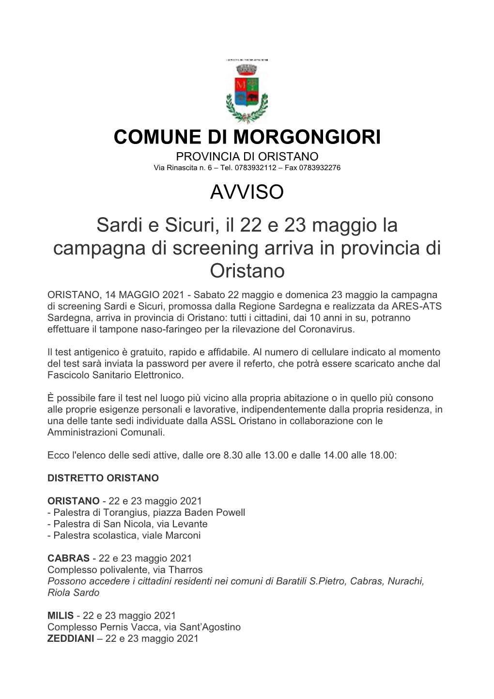 COMUNE DI MORGONGIORI AVVISO Sardi E Sicuri, Il 22 E 23 Maggio La