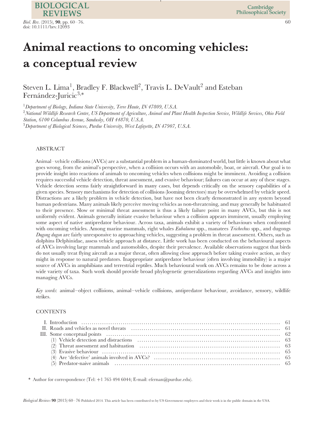 Animal Reactions to Oncoming Vehicles: a Conceptual Review