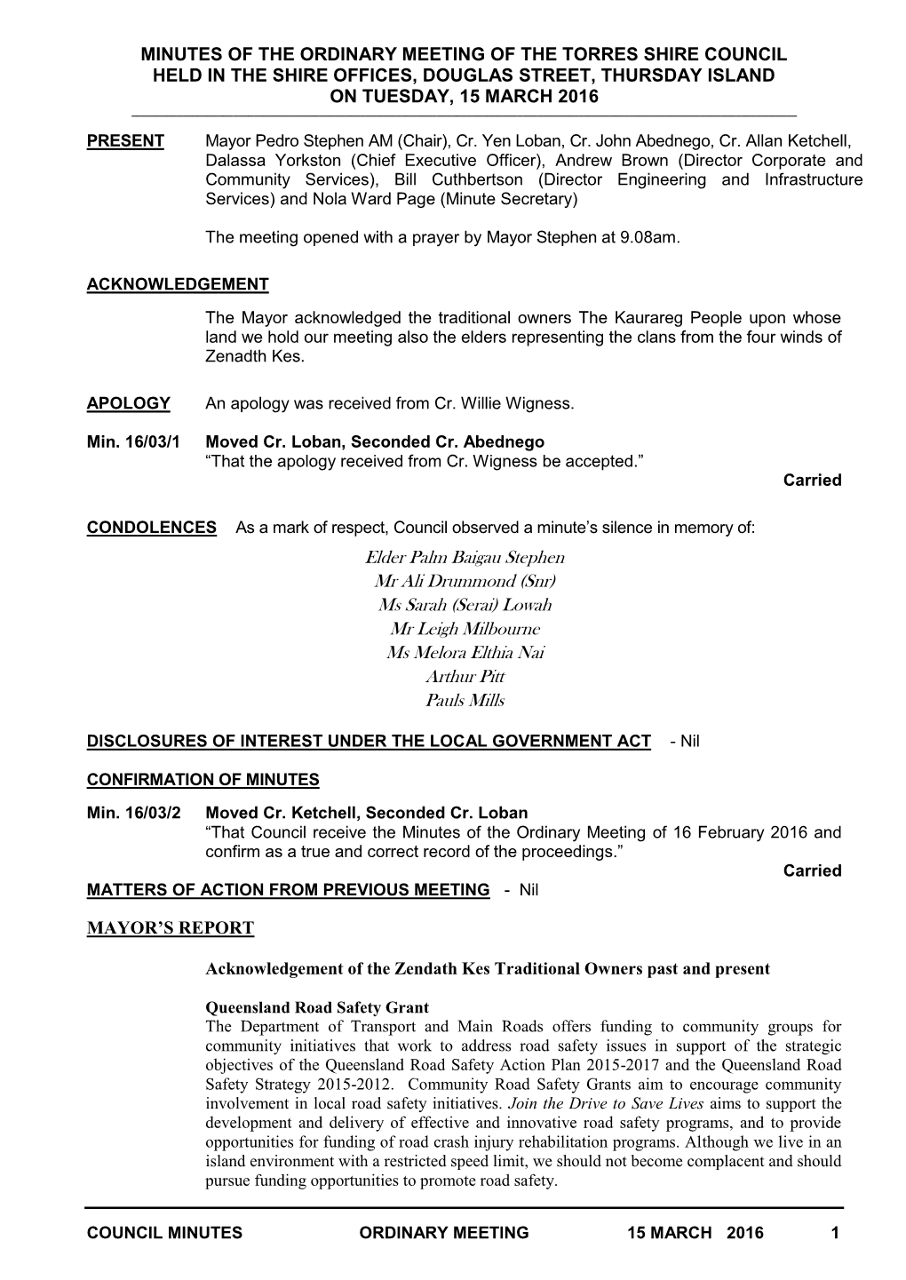 March 2016 Council Meeting Minutes