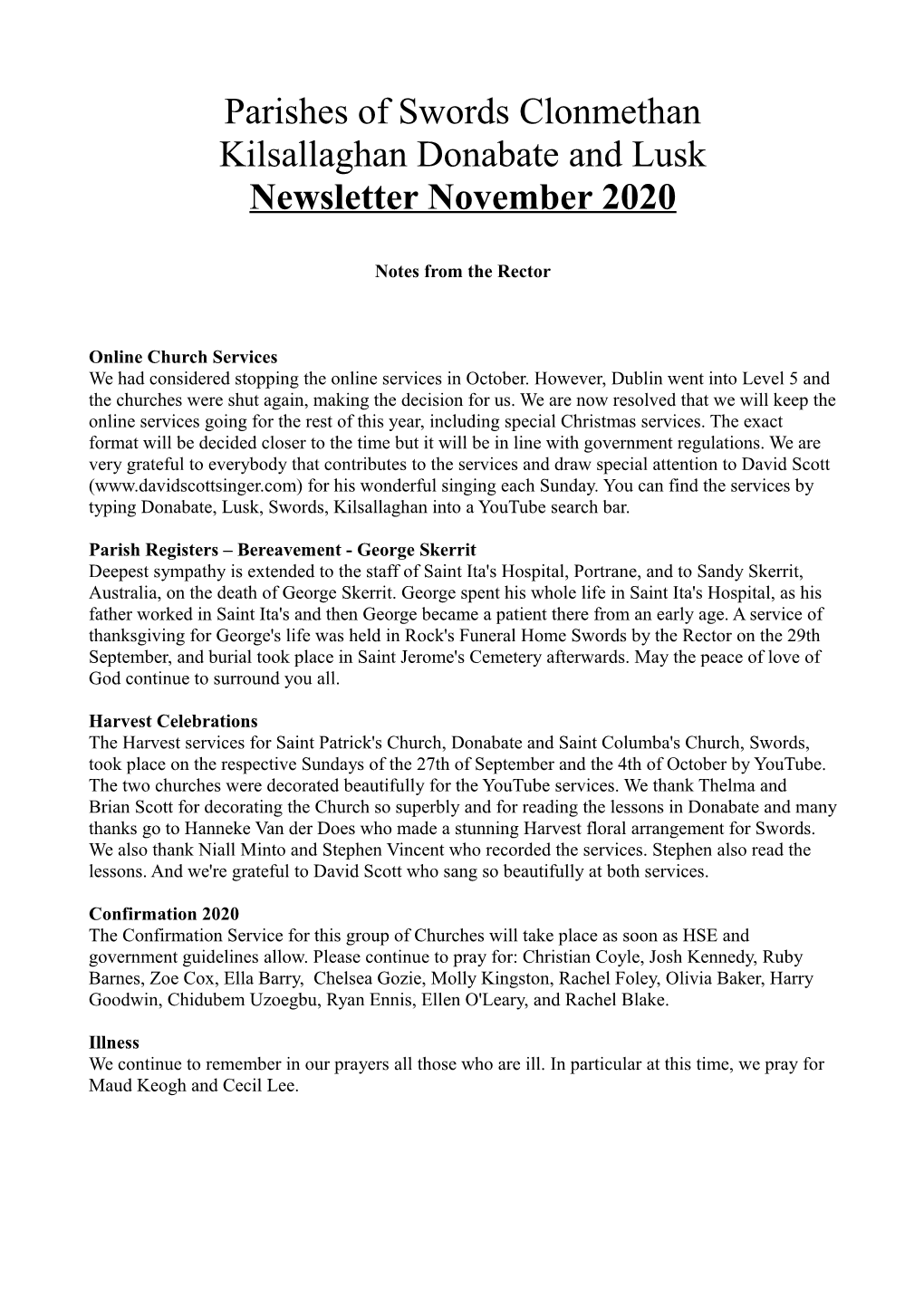 Parishes of Swords Clonmethan Kilsallaghan Donabate and Lusk Newsletter November 2020