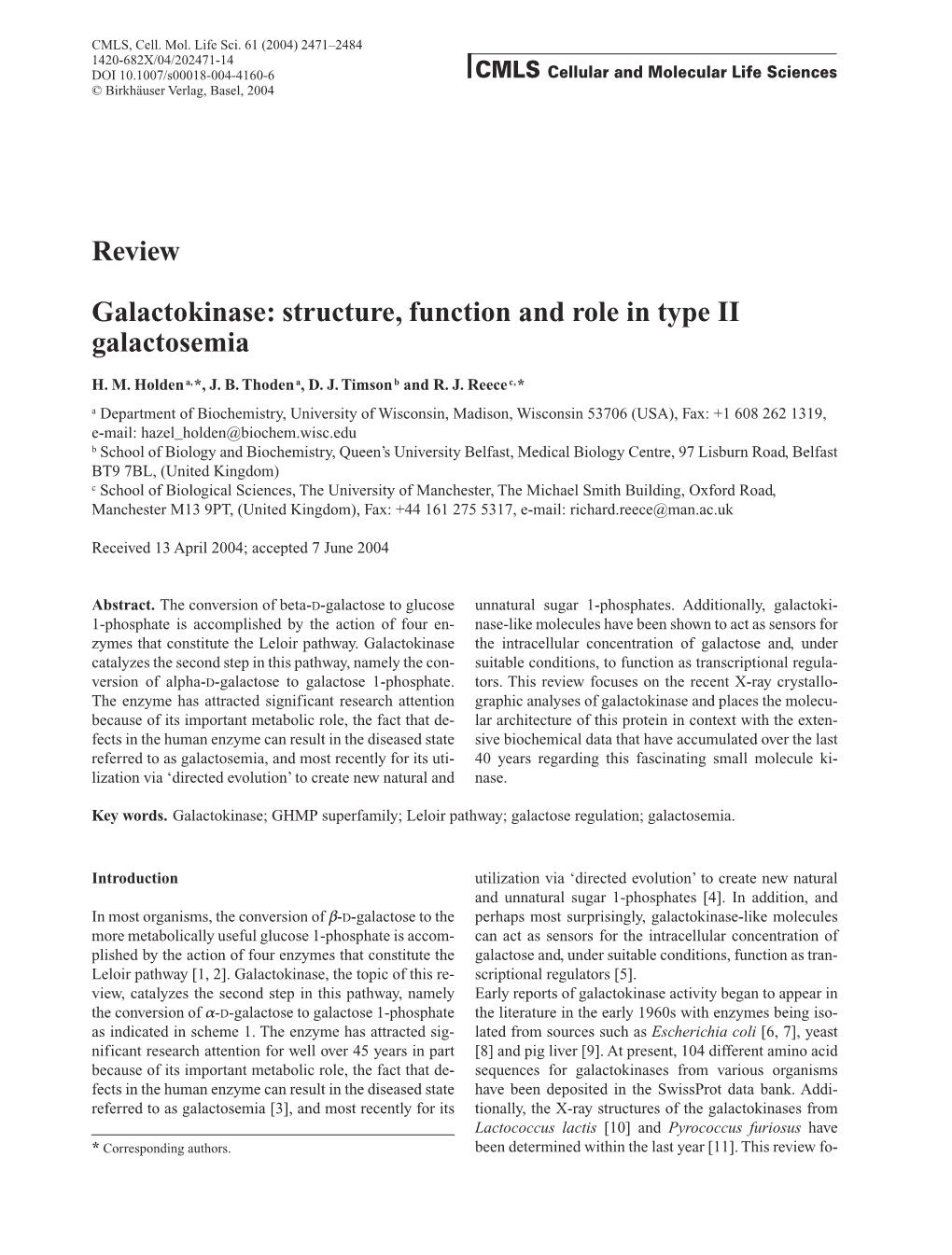 Review Galactokinase: Structure, Function and Role in Type II