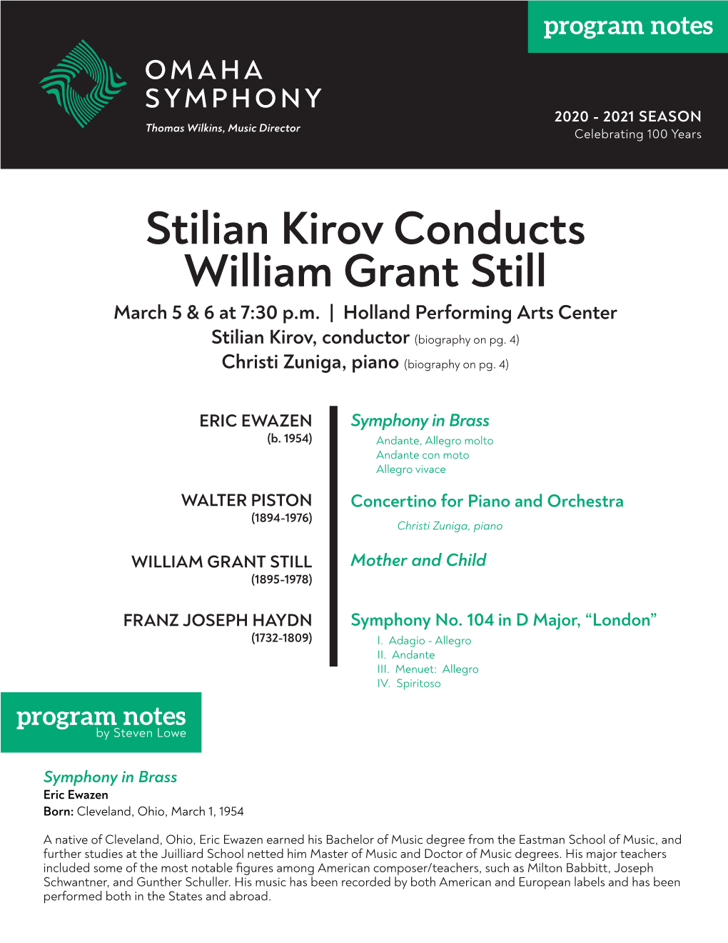 Stilian Kirov Conducts William Grant Still March 5 & 6 at 7:30 P.M