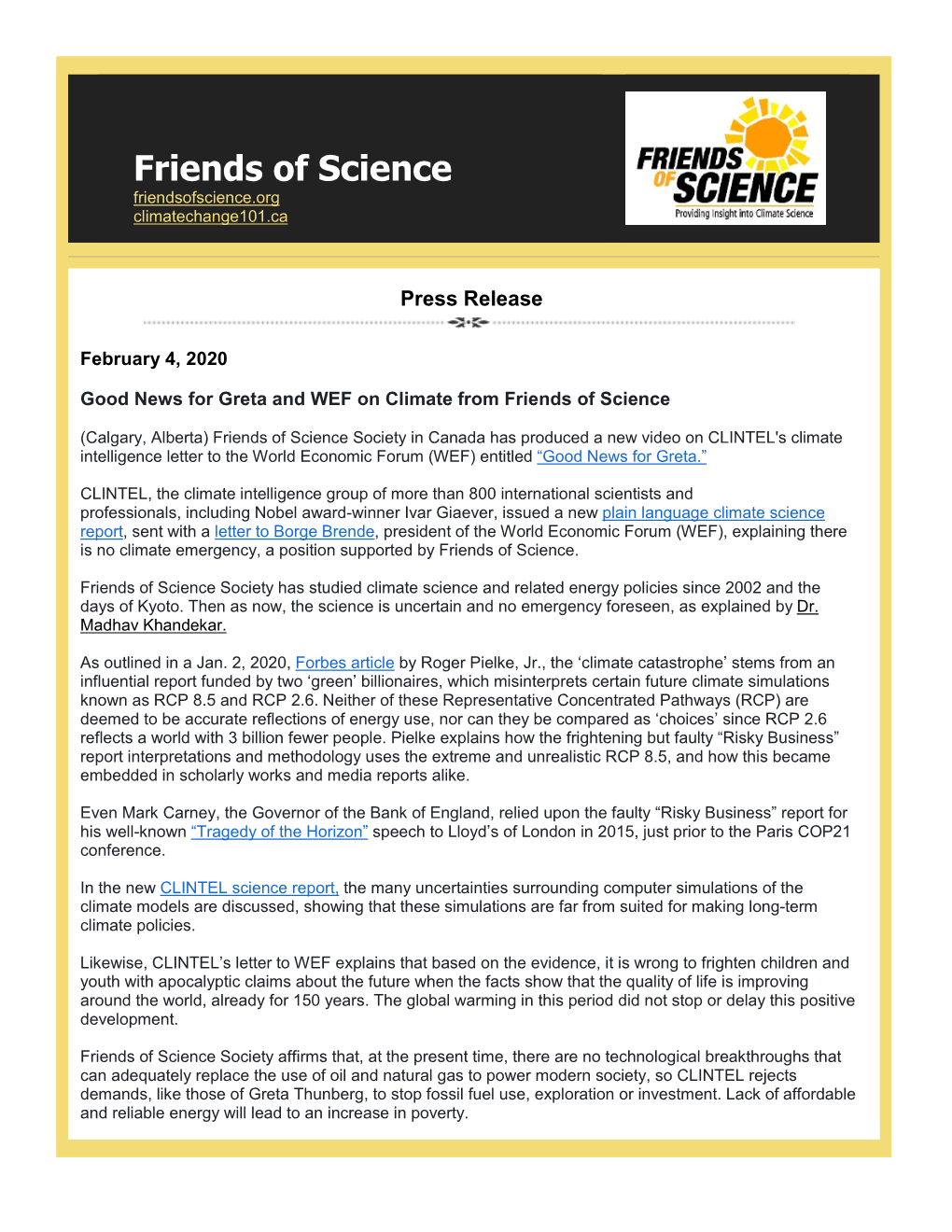 Good News for Greta and WEF on Climate from Friends of Science