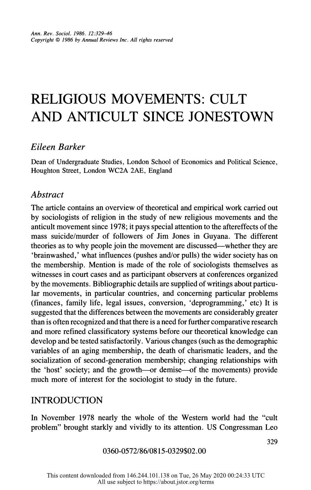 Religous Movements: Cult and Anticult Since Jonestown
