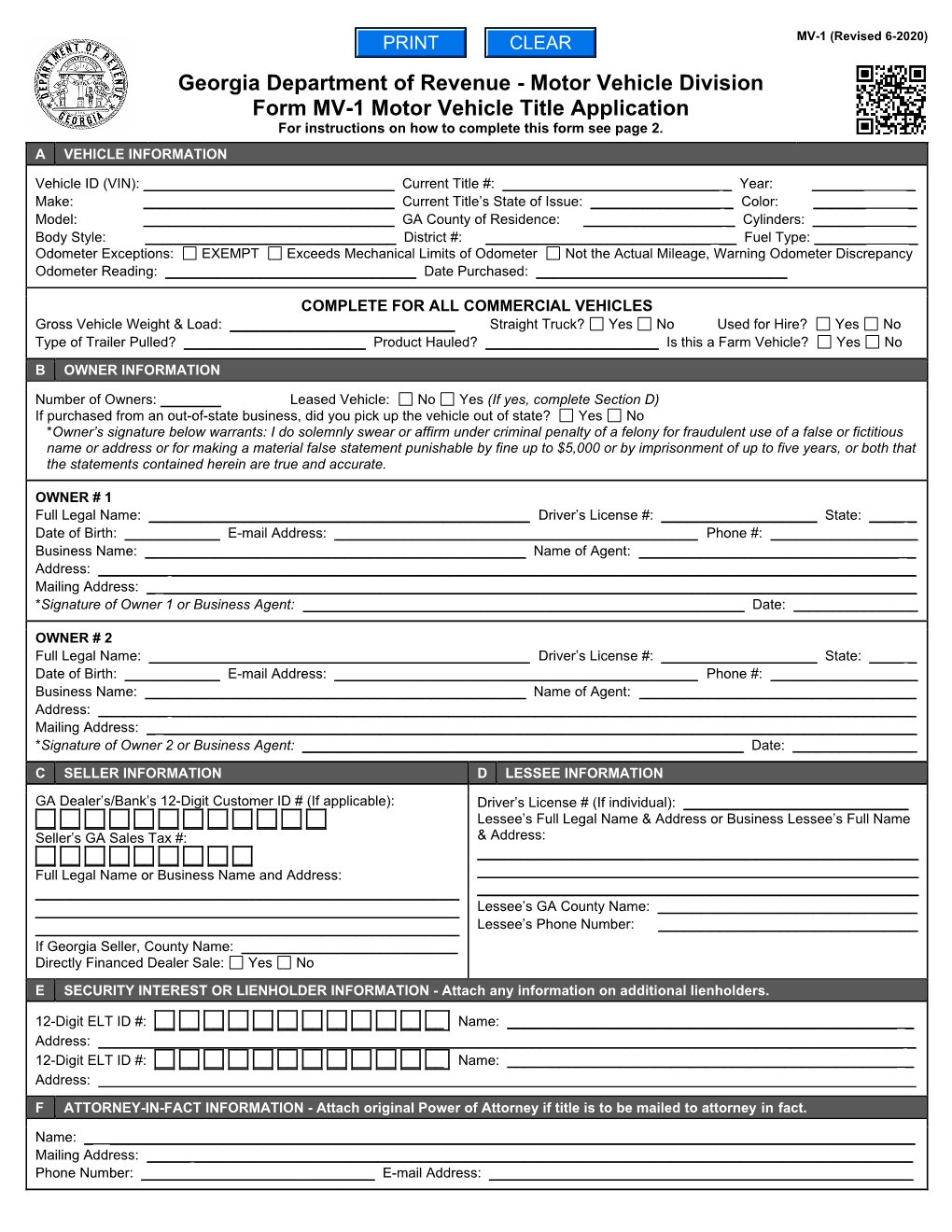 MV-1 DOR Motor Vehicle Title/Tag