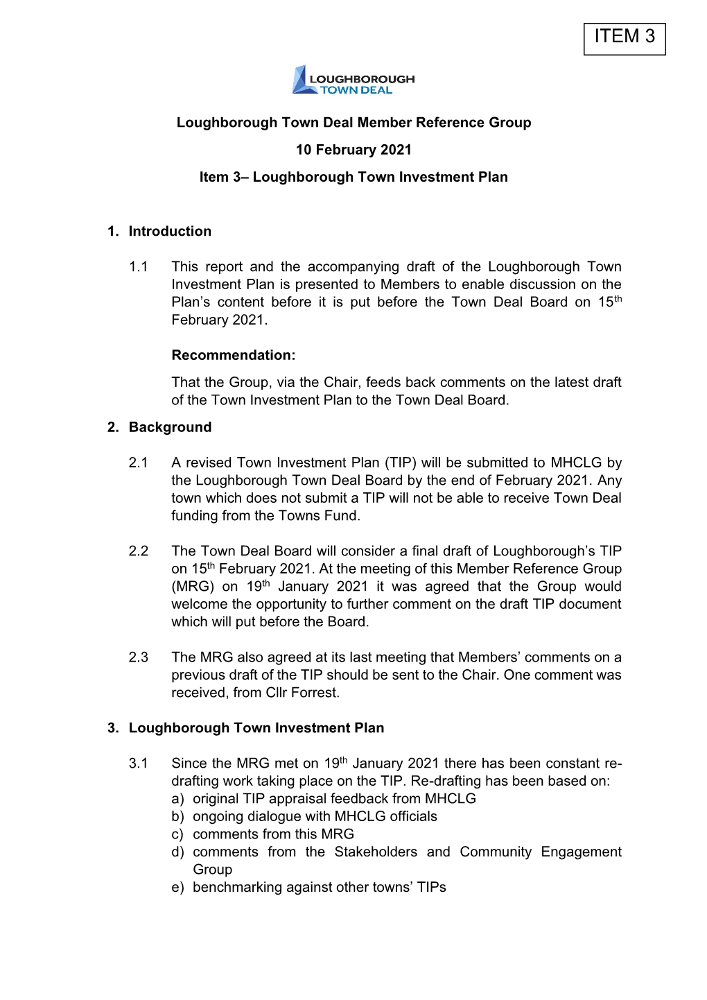 Item 3– Loughborough Town Investment Plan