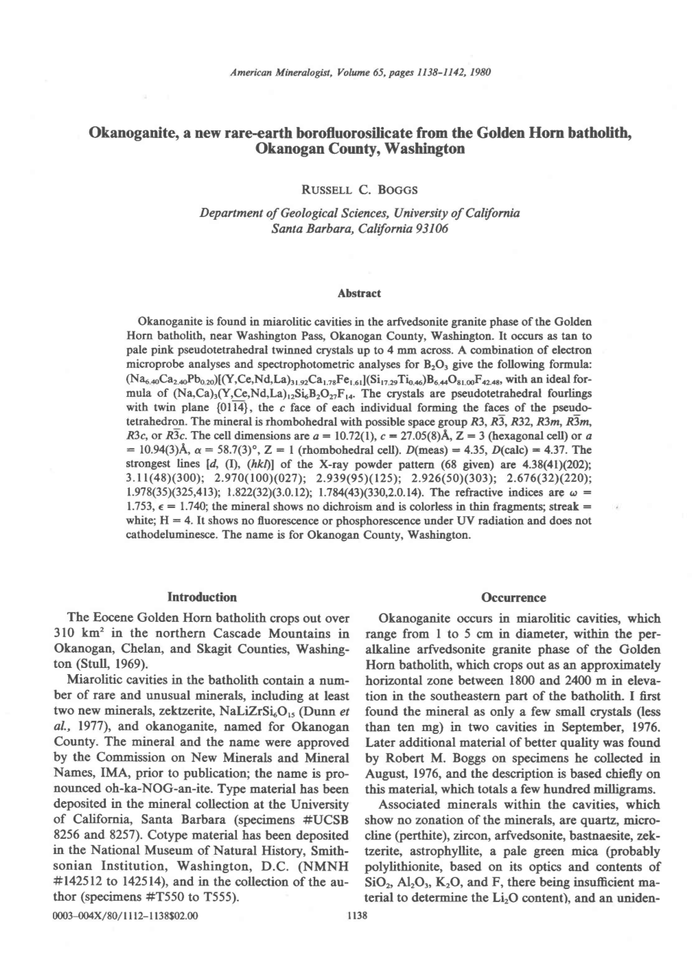 Okanoganite, a New Rare-Earth Borofluorosilicate from the Golden Hom Batholitb Okanogancounty, Washington