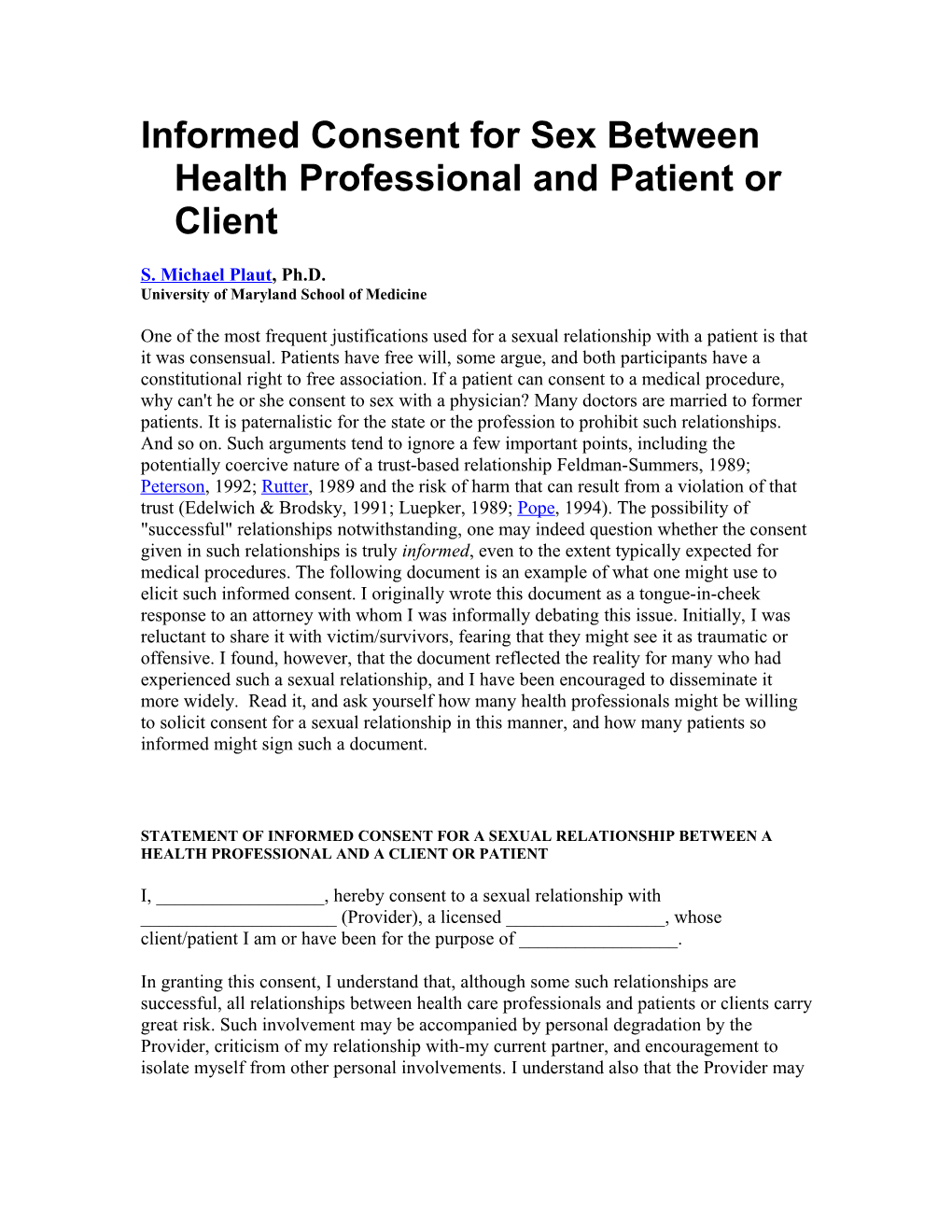 Informed Consent for Sex Between Health Professional and Patient Or Client