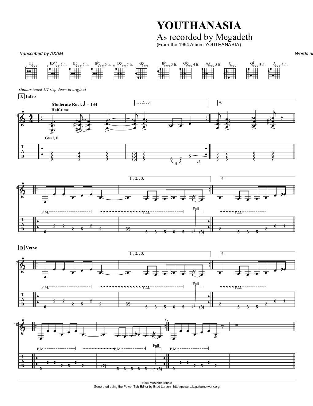 Megadeth (From the 1994 Album YOUTHANASIA) Transcribed by /\X/\M Words and Music by Dave Mustaine