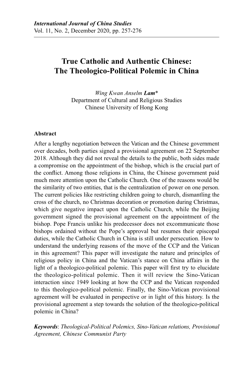 True Catholic and Authentic Chinese: the Theologico-Political Polemic in China