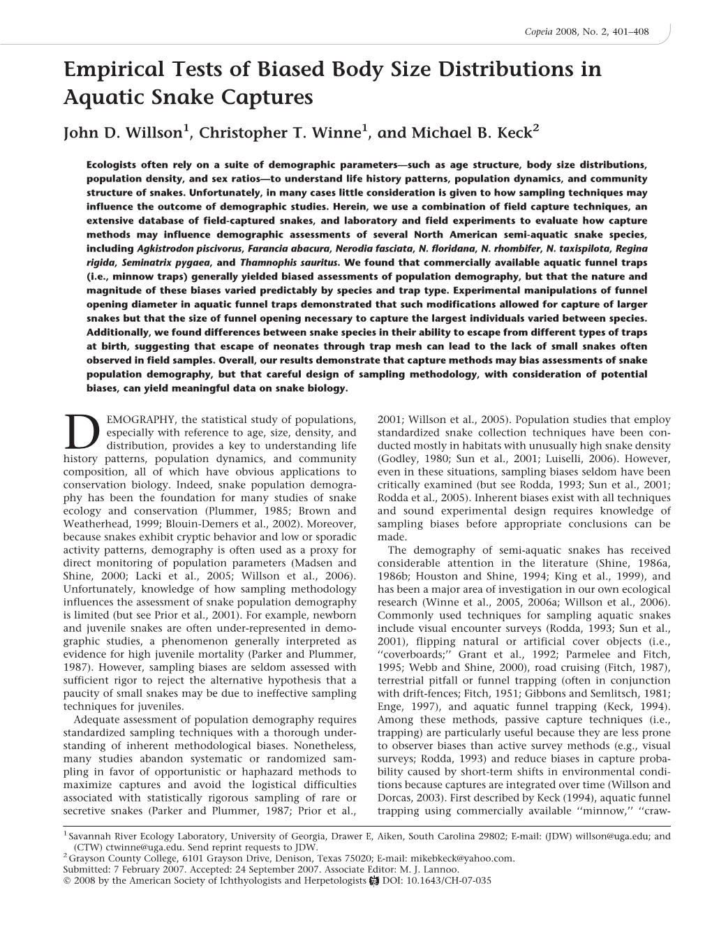 Empirical Tests of Biased Body Size Distributions in Aquatic Snake Captures