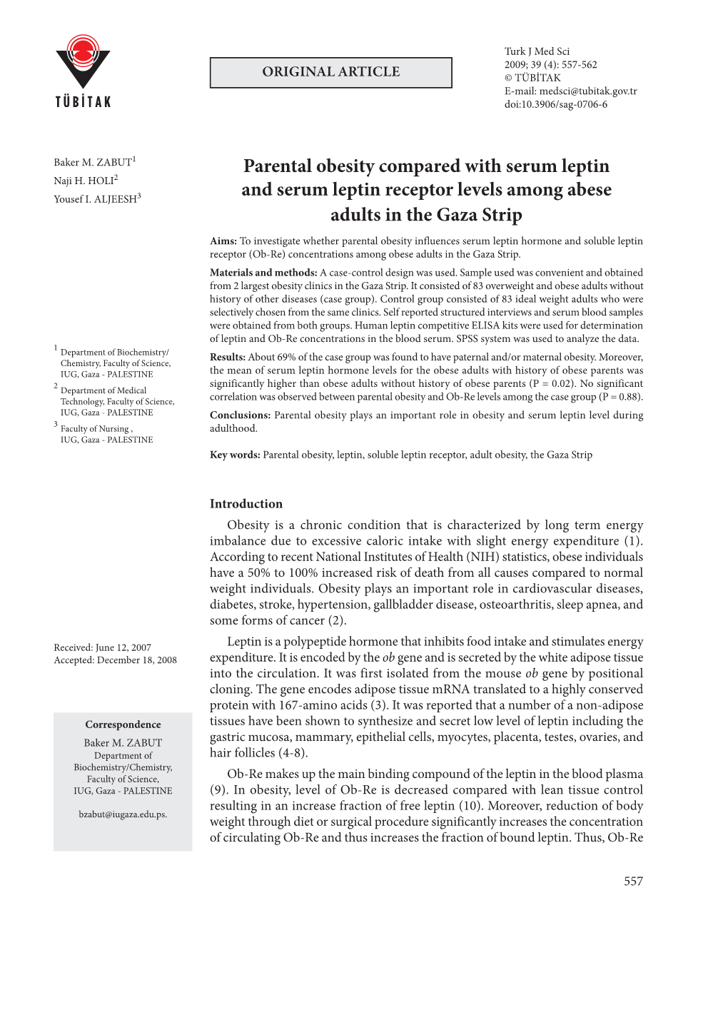 Parental Obesity Compared with Serum Leptin and Serum Leptin Receptor