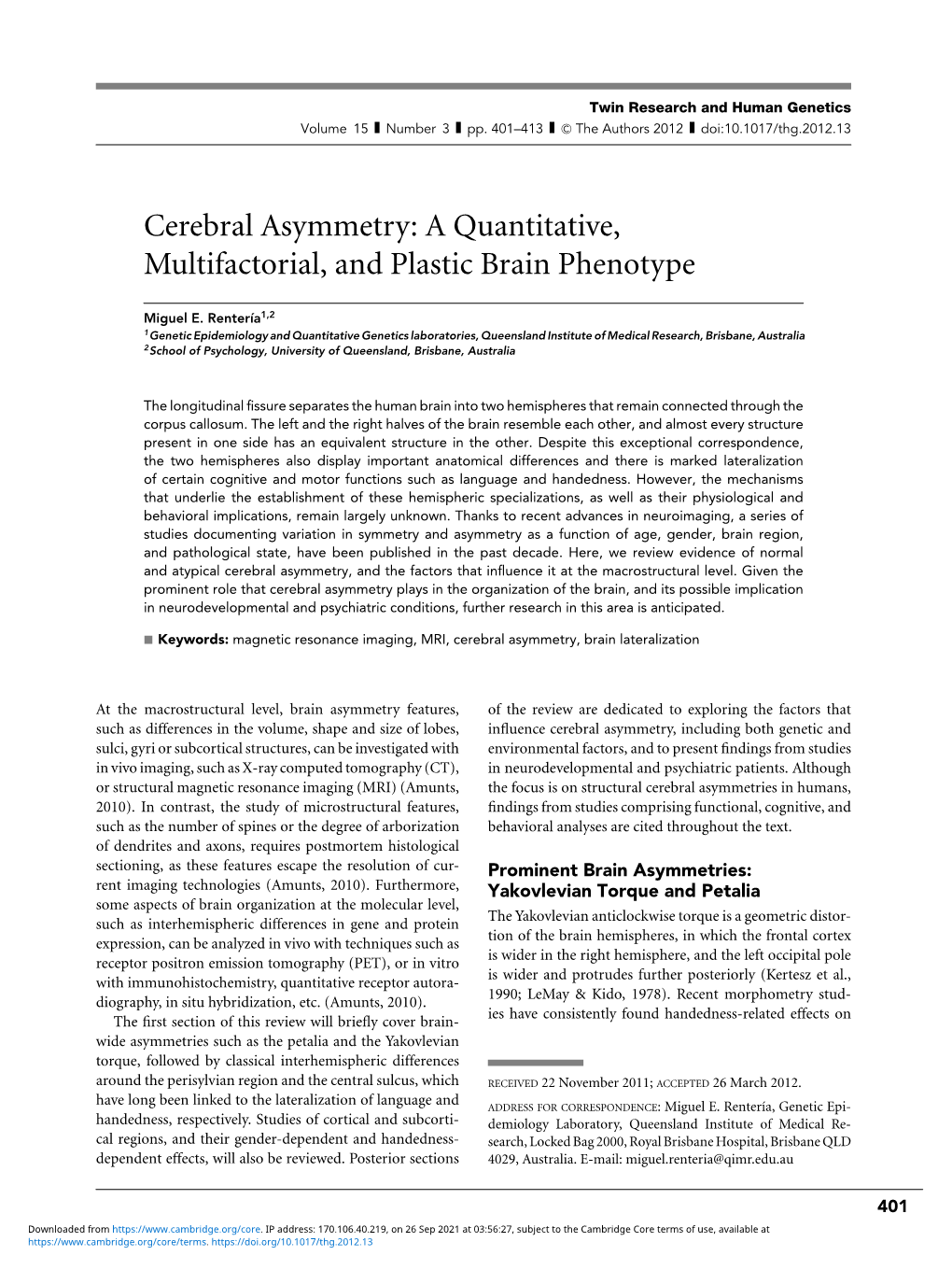 Cerebral Asymmetry: a Quantitative, Multifactorial, and Plastic Brain Phenotype