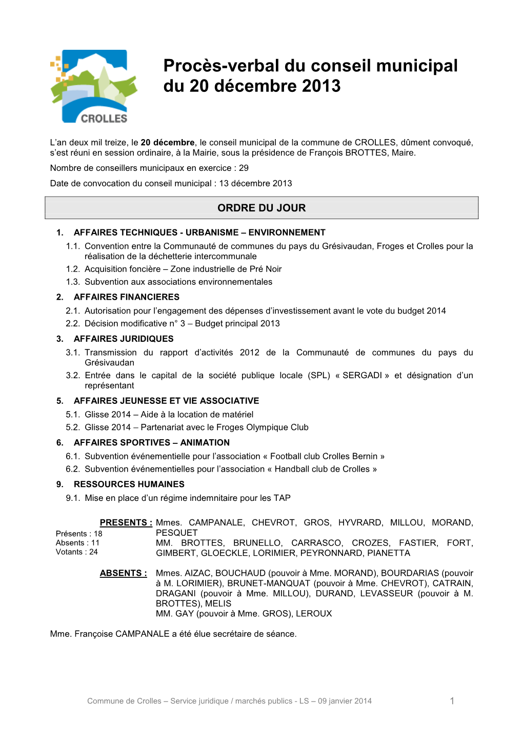 Procès-Verbal Du Conseil Municipal Du 20 Décembre 2013