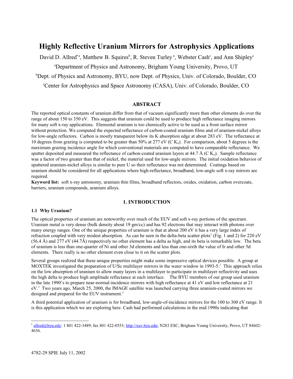 Highly Reflective Uranium Mirrors for Astrophysics Applications